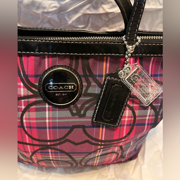 Coach Poppy Tartan Shoulder Bag Tote Rare Pink - Picture 2 of 10